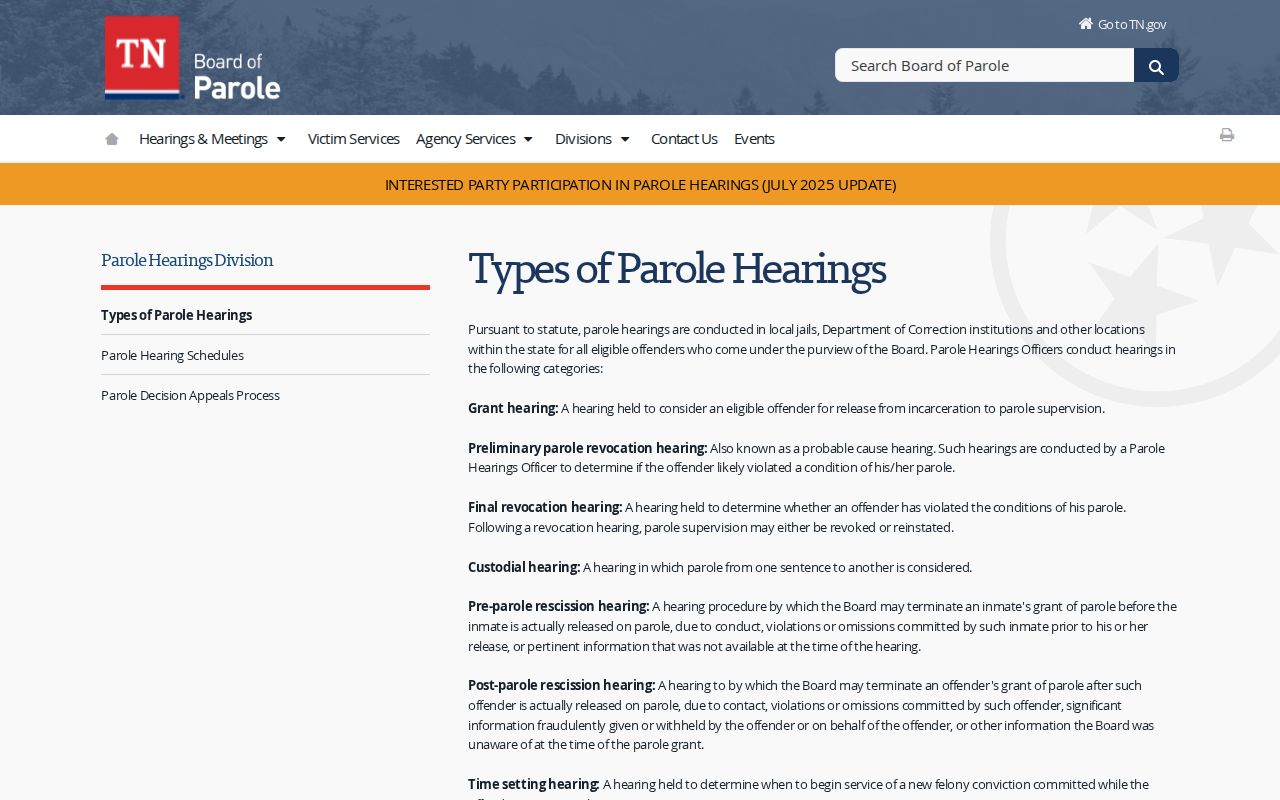 Tipton County parole hearing types and release outcomes