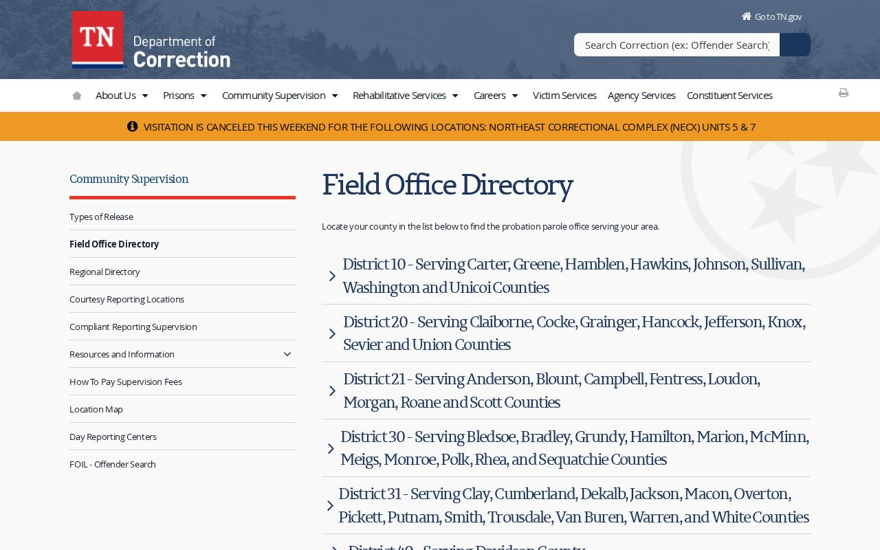 Tipton County post-release supervision field office directory