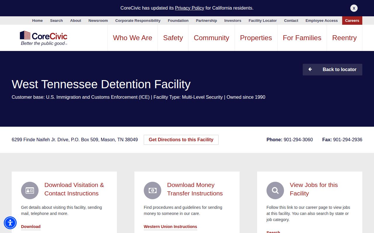 West Tennessee Detention Facility ICE release contact page